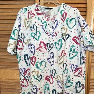 Cherokee Multicolor Heart Print Scrub Top